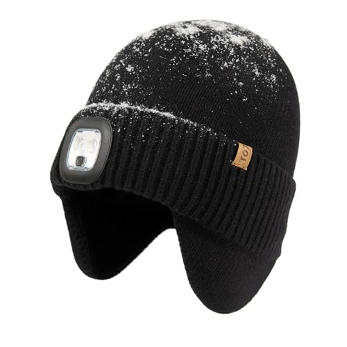 TOP-EX DryKnit™ Waterproof 50% Merino Wool LED Beanie Hat with Ear Flaps - color: Black+gift Box, size: Medium-Large
