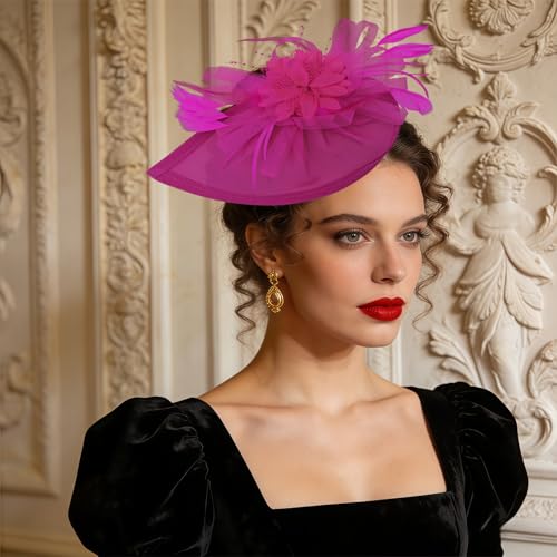 Women Vintage Fascinator Hat Flower Feather Mesh Headband Clip Pillbox Headwear for Wedding Tea Party - color: 01 Rose Red