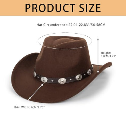 Women-Men Felt-Western-Cowboy Hat-Classic Brim Belt Buckle Cowgirl Fedora M - color: Coffee