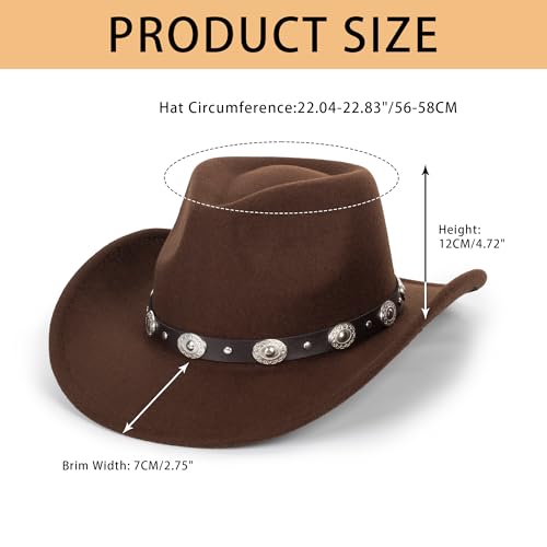 Women-Men Felt-Western-Cowboy Hat-Classic Brim Belt Buckle Cowgirl Fedora M - color: Coffee