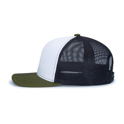 Pacific Headwear Contrast Stitch Trucker Snapback - color: White/Light Charcoal/Moss