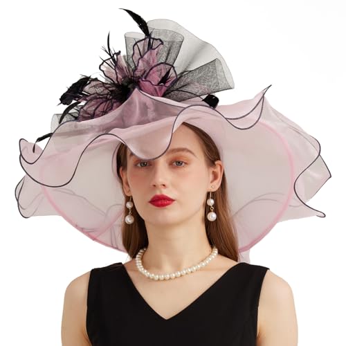 Women Organza Church Derby Hat Wide Brim Sun Caps for Wedding Tea Party Hat with Detachable hat Flower as Headgear - color: 11-pink