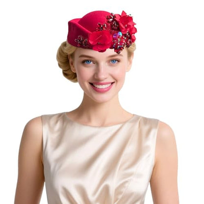 Women's Retro British Felt Headscarf Hat Church Derby Headdress with Floral Women's Soft Beret - color: Red