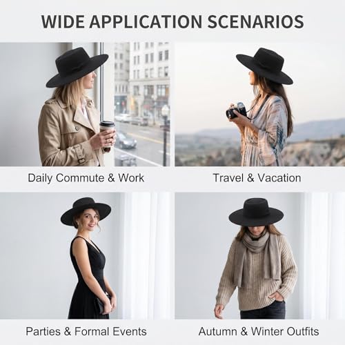 Black Wide Brim Fedora Hat Satin Bow Flat Top Wedding Cap for Women