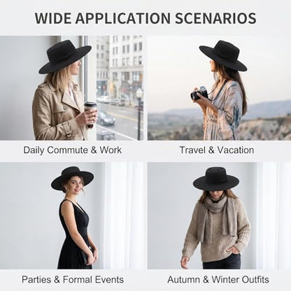 Black Wide Brim Fedora Hat Satin Bow Flat Top Wedding Cap for Women
