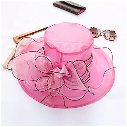 Haoohu Women's Church Derby Hat Wide Brim Bow Bucket Hat Wedding Dress Hat Fascinator Bridal Tea Party Hat - color: Rose Red 03161