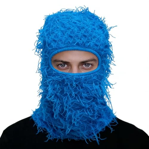 Distressed Ski Mask Balaclava, Yeat Shiesty Knitted Full-Face Mask - color: Blue