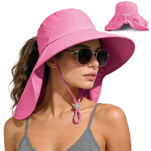Ruqizhi Sun Hats for Women with Neck Flap Ponytail Hole Women Sun Hats Rollable UV Protection Fishing Hats Wide Brim UPF 50+ - color: Rose