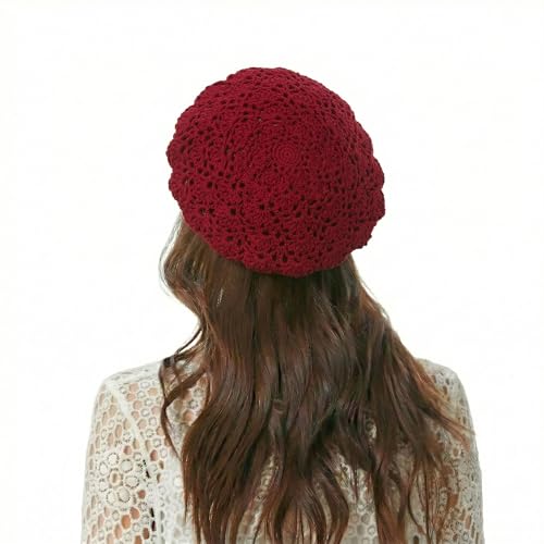 ZLYC Women Cotton Slouchy Crochet Beret Handmade Cutout Floral Beanie Hat - color: Crocheted Red