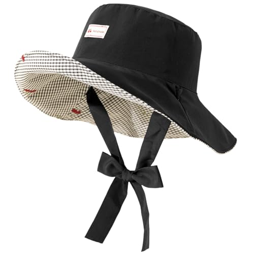 Women's Reversible Bucket Sun Hat with Cherries Embroidered Pattern, UPF 50+ UV Protection, Water Resistant for Beach Hiking - color: Black