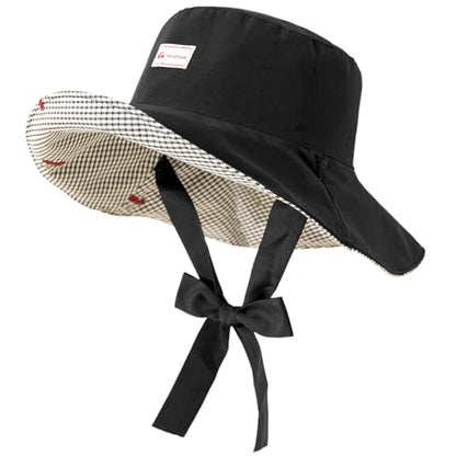 Women's Reversible Bucket Sun Hat with Cherries Embroidered Pattern, UPF 50+ UV Protection, Water Resistant for Beach Hiking - color: Black