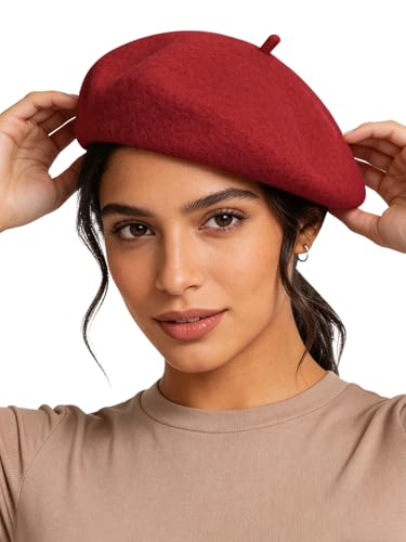 Sumolux Women Beret Hat Wool Vintage French Solid Color Classic Winter Cap - color: Red C