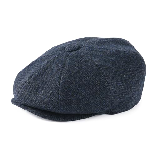 Men Wool Blend 8 Panel Newsboy Cap - color: Herringbone Navy, size: 7 3/8