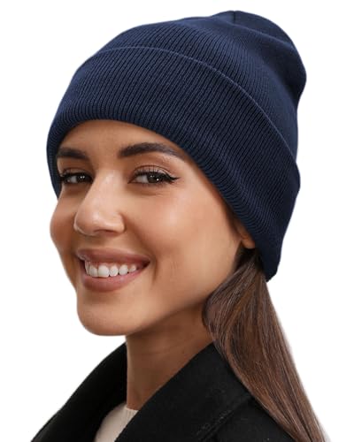 vidsel 100% Cotton Beanie Hat-Unisex Winter Knit Cuffed Beanies Skull Cap - color: 1-navy Blue