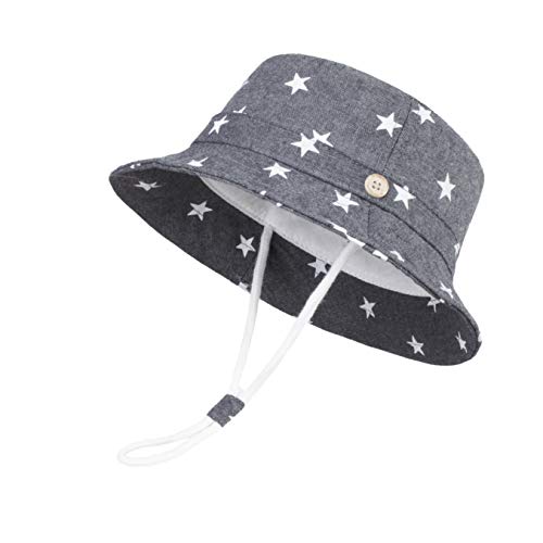 LANGZHEN Sun Protection Hat for Kids Toddler Boys Girls Wide Brim Summer Outdoor hat Cotton Baby Bucket Hat with Chin Strap - color: Dark Blue - Stars, size: 6-12 Months