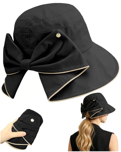 Women's Foldable Wide Brim Bowknot Bucket Hat Sun Protective - color: Black