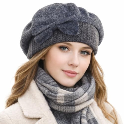 VECRY Lady French Beret 100% Wool Beret Floral Dress Beanie Winter Hat - color: Bow-grey