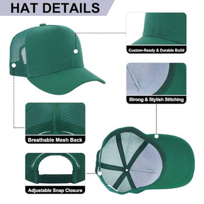 ZH 12 Pack Seamless Mesh Back Baseball Caps, 5 Panel Trucker Hats Bulk for Men and Women，Blank Caps - color: Dgreen