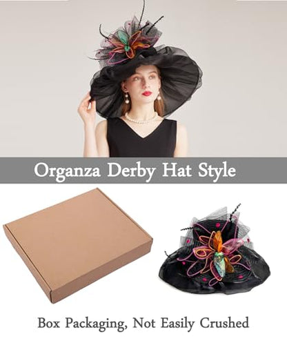 Women Derby Fascinator Hat Organza Church Wedding Hats Wide Brim Cocktail Tea Party Hat - color: 37black