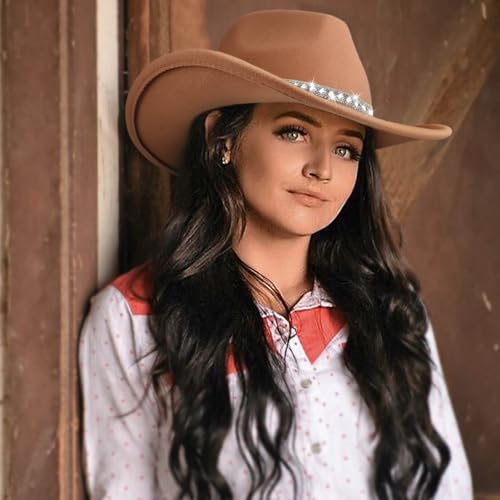 DRESHOW Western Cowboy Hat for Women and Men Wide Brim Glitter Cowboy Cowgirl Hat with Rhinestone Felt Fedora Hats - color: 1 Pack Style 10: Khaki