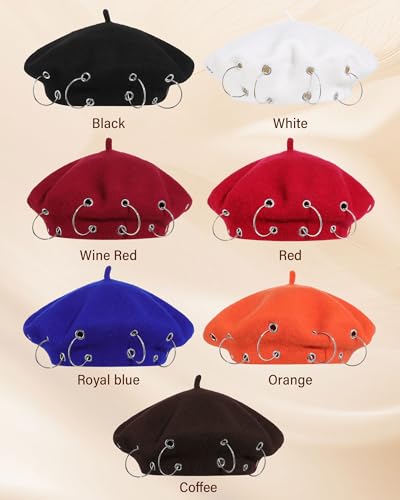 AWAYTR Punk Beret Hat for Women - 90% Wool Blend Goth Alt French Cap - color: Red