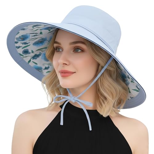 Wide Brim Sun Hat for Women Reversible Beach Hats Metal Wired Edge Gardening Hats, UPF 50+ Bucket Summer Hat - color: Blue