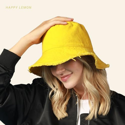 CHOK.LIDS Frayed Bucket Hat Washed Cotton Floppy Wide Brim Boonie Cap - color: Happy Lemon