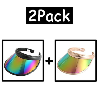 2 Pack Sun Visor Hats Women Men Clip-on Iridescent Clear Sport Outdoor Cap - color: 2pack ,Gold Black