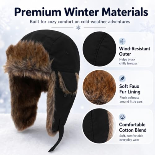 Baby Toddler Winter Trapper Hat Warm Faux Fur Aviator Hat Russian Ushanka Trooper Hunting Ski Hat with Ear Flaps Age 1-8T - color: Black, size: 1-4T