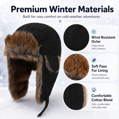 Baby Toddler Winter Trapper Hat Warm Faux Fur Aviator Hat Russian Ushanka Trooper Hunting Ski Hat with Ear Flaps Age 1-8T - color: Black, size: 1-4T