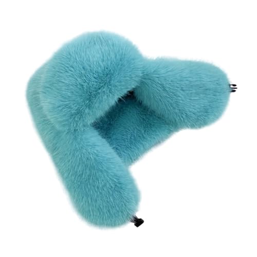 Women's Fluffy Trapper Hat, Long Pile Faux Fur Ushanka hat with Buckle, Luxurious Mink-Style Winter Warm Hat - color: Azure