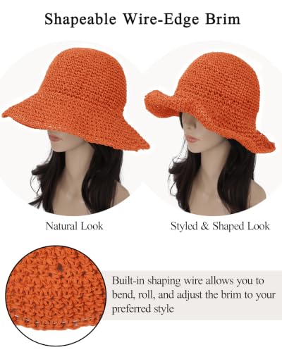 Womens Crochet Straw Sun Hat Foldable Floppy Wide Brim Beach Hat for Summer - color: Orange
