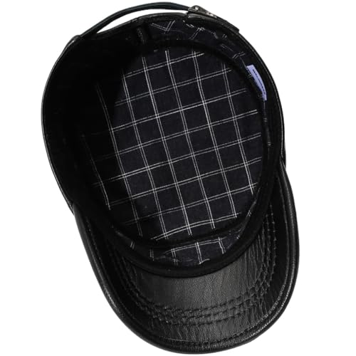 Leather Military Cap for Men Cadet Army Caps Style Flat Cap - color: Black