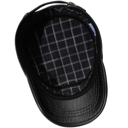 Leather Military Cap for Men Cadet Army Caps Style Flat Cap - color: Black