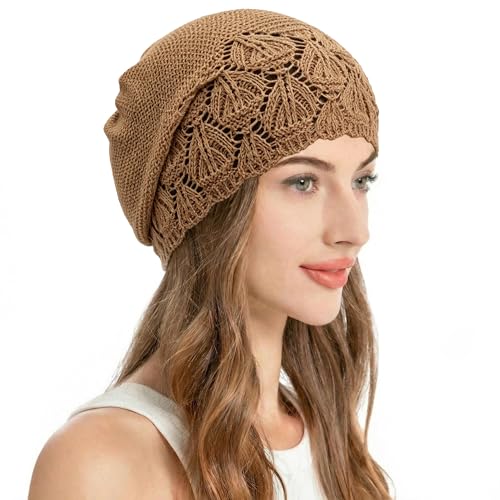 ZLYC Crochet Slouchy Beanie for Women Soft Lightweight Skull Cap - color: Solid Shiny Brown