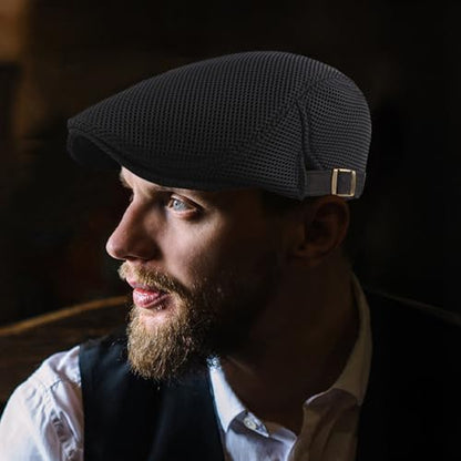 meioro Mens Breathable Mesh Summer Hat Adjustable Flat Cap Newsboy Beret Ivy Cap Irish Cabbie Fishing Hats - color: Black