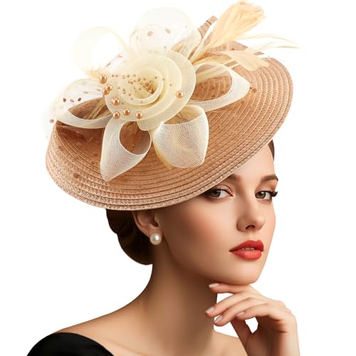 DRESHOW Fascinators Hat Flower Mesh Feathers Hat with a Headband and a Clip 7.9" Tea Party Headwear for Women - color: 1 Pack: Apricot & Khaki / 7.9"