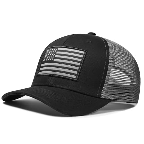 American Flag Trucker Hat, Patriotic Baseball Cap for Men & Women, Breathable Mesh Adjustable Snapback, USA Flag Patch - color: Black/Dary Gray