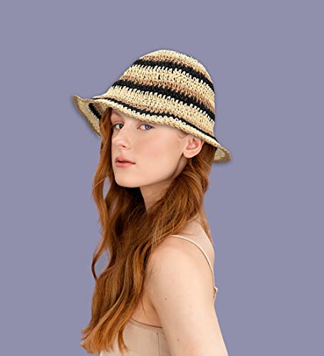 WITHMOONS Women Cap Straw Crochet Sun Summer Bowler Foldable Bucket Hat YZH0158 - color: Black