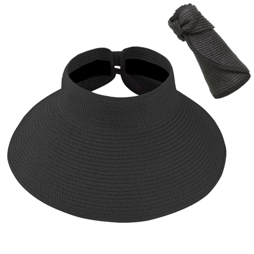DOOVID Womens Summer Straw Hats Wide Brim Sun Hat UV Protection Visor Foldable Beach Hat for Women - color: Black