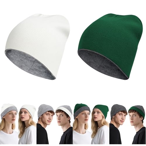 ZOORON Reversible Skull Caps for Men Women Reversible Beanie with -Double Side Warm Winter Fisherman Beanie - color: A-2pack-lightgrey/White+grey/Darkgreen