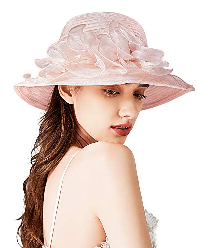 Bellady Big Brim Hat Organza Hats Summer Beach Cap Tea Party Wedding Fascinator Church Hats - color: Pink