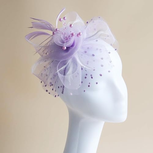 WLBON Fascinators Hat 20s 50s Headband Hair Clips Flower Mesh Veil Feather Headpiece Headwear Women Halloween Carnival Cocktail Wedding Church Cosplay Dress Up Birthday Tea Party Accessories Purple - color: Light Purple
