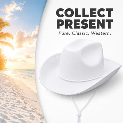 COLLECT PRESENT Plain Felt Cowboy & Cowgirl Hat for Men and Women | Western Studded Cowboy Hat in Adult Sizes - color: White