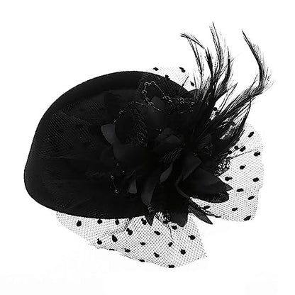 Fascinators Hats Pillbox Hat for Girl and Women - color: Black-fascinator With Flower Feather