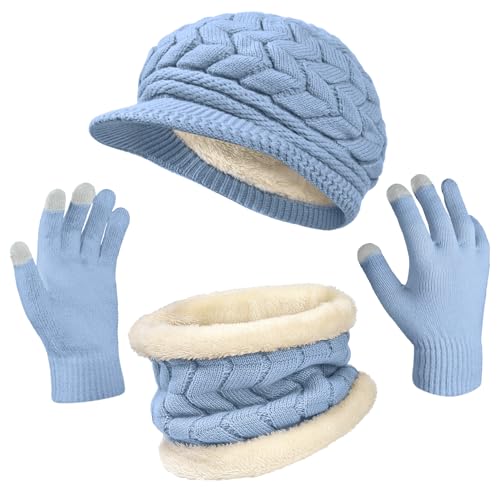 Loritta 3 in 1 Womens Winter Hat Gloves Scarf Set, Warm Hat Mittens - color: Blue