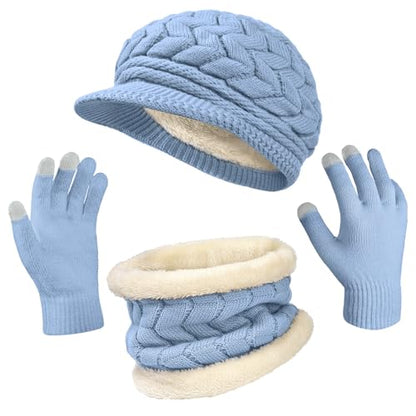 Loritta 3 in 1 Womens Winter Hat Gloves Scarf Set, Warm Hat Mittens - color: Blue