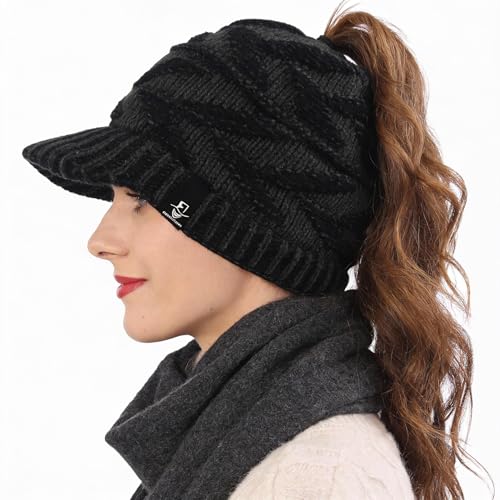 Women's BeanieTail Warm Knit Hat Messy High Bun Ponytail Visor Beanie Cap - color: B341-grey, size: Medium