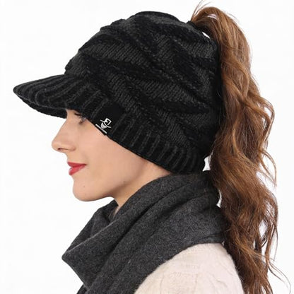 Women's BeanieTail Warm Knit Hat Messy High Bun Ponytail Visor Beanie Cap - color: B341-grey, size: Medium