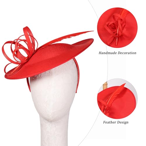 Women's Fascinators Feather Polyester Kentucky Derby Saucer Hats with Headband - color: Red